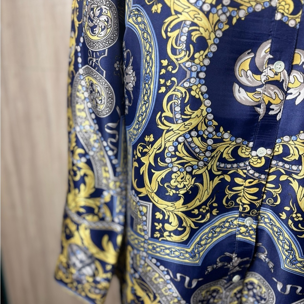 J. McLaughlin Faberge Con Lois Silk Blend Blouse Navy and Gold - Picture 7 of 11